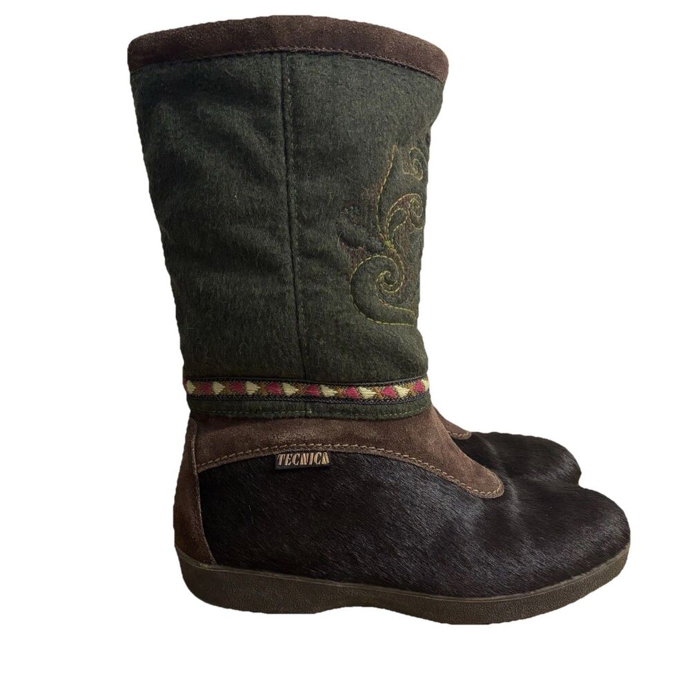 Tecnica Fur Boots Women’s 41 US 9.5 Green Tall Insulated Felt Apres Ski Pull On